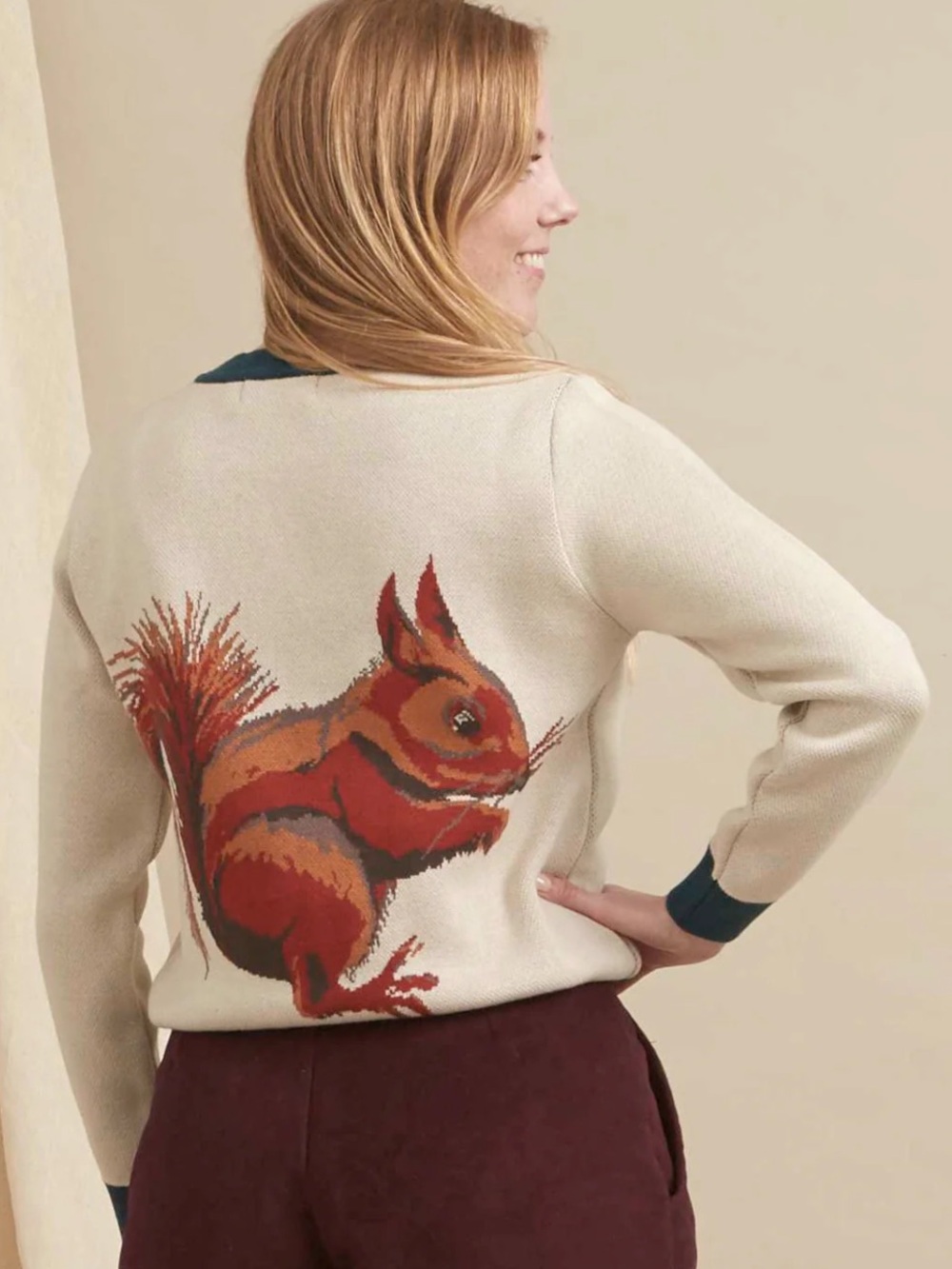 PALAVA Esther Long Sleeve Cream Intarsia Squirrel Acorn Cotton Jumper